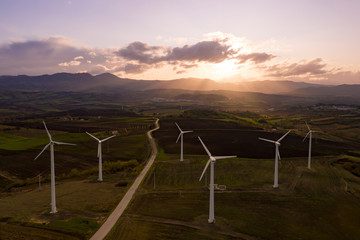 Wind turbines at the sunset