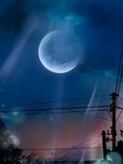 landscape of full moon and electric pole's silhouette