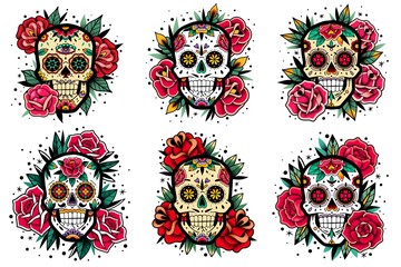 Mexican skull old school roses set