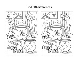 Find 10 differences visual puzzle  and coloring page with cup, teapot, candy
