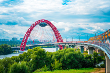 Red suspended bridge construction in Moscow. 