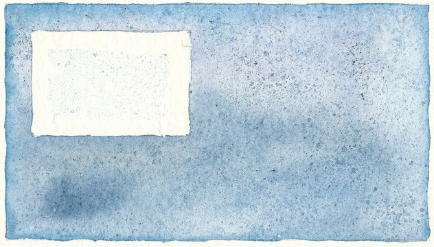 Superf&iacute;cie texturizada de aquarela em papel, com forma retangular branca sem tinta. 