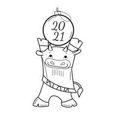 A cute cow (bull) holds a Christmas ball with the inscription 2021. Vector illustration. Black outline on a white background.