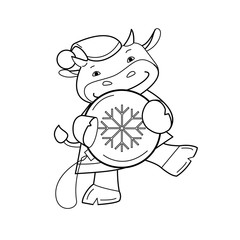 A cute cow (bull) dressed as Santa Claus is holding a Christmas ball with a snowflake. Vector illustration. Black outline on a white background.