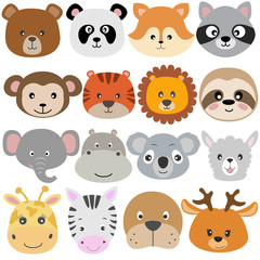 Cute cartoon animals bear,koala, fox, raccoon, monkey, lion, sloth, elephant, llama, dear flat style