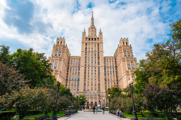 Old high-rise building in the center of Moscow, panorama of the city street in summer