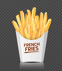 French fries, fresh food in white box packaging template design on transparent grid background. Eps10 vector illustration.