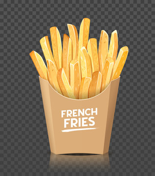 French fries in brown box packaging, template design on transparent grid background. Eps10 vector illustration.