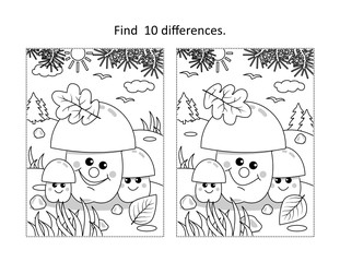 Find 10 differences visual puzzle  and coloring page with three mushrooms in autumn
