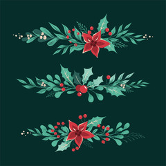Christmas Decorative Dividers and Borders with leaves, berries,  holly, white mistletoe, poinsettia. Isolated on dark green background. Design Elements. Vector illustration.