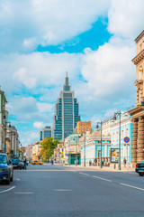 Fototapeta premium Moscow / Russia - 16 Aug 2020: Panoramic view of Moskovskaya street with a view of the high-rise business center 