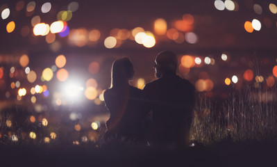 Romantic Lovers couple against background night city, sky star. Concept romance date Valentine Day,...