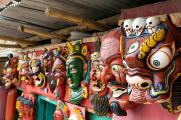 Nepal Kathmandu temple of Changu Narayan, view of religious masks.