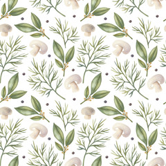 Watercolor seamless pattern with dill, bay leaf, mushroom, and black pepper on the light background. Bright cartoon hand-painted illustration.