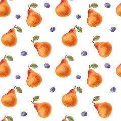 Watercolor seamless pattern with pear and blueberry on the light background. Bright cartoon hand-painted illustration.