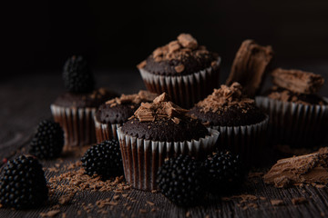 chocolate muffins topped with chunks of sweet chocolate and black berries.