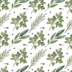 Watercolor seamless pattern with rosemary, parsley, carnation, sage, and black pepper on the light background. Bright cartoon hand-painted illustration.