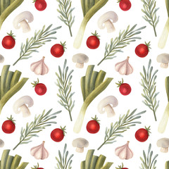 Watercolor seamless pattern with leek, rosemary, tomato, mushroom, and garlic on the light background. Bright cartoon hand-painted illustration.