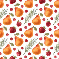 Watercolor seamless pattern with pear, raspberry, strawberry, rosemary and red ribes on the light background. Bright cartoon hand-painted illustration.