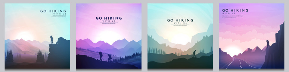 Vector brochure cards set. Travel concept of discovering, exploring and observing nature. Hiking. Climbing. Adventure tourism. Flat design for social media, blog post, poster, invitation, gift card.