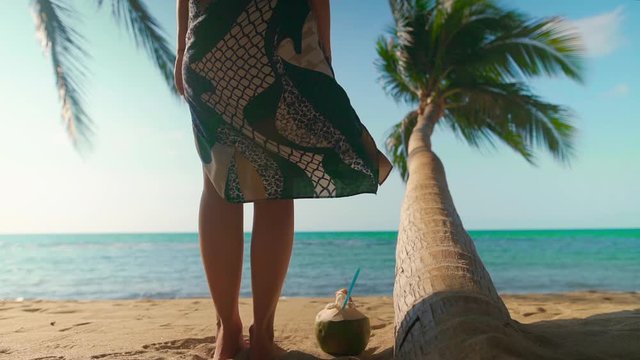 Woman stands on sandy beach with palm tree barefoot wearing light flowing dress blowing in the wind on tropical island