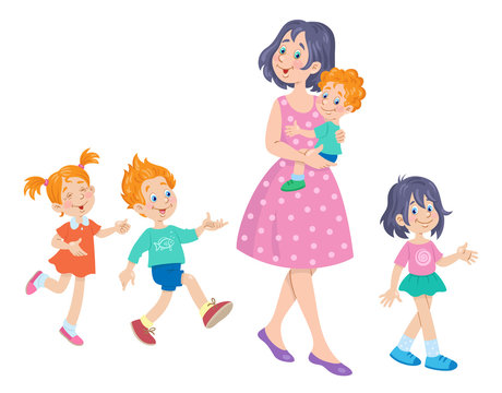 Happy family. A young mother and four children for a walk. In  cartoon style. Isolated on white background. Vector flat illustration.