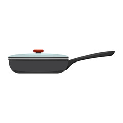 Frying pan with handle and cover. From side view. Flat and solid color vector illustration.