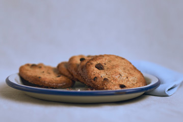 Chocolate chip cookies on a plate on a white background