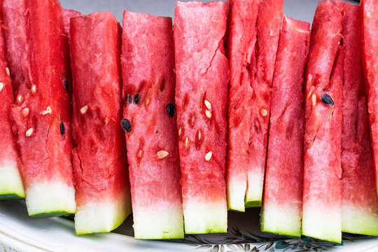 Close-up of sliced watermelon slices.