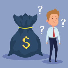 Obraz premium elegant businessman thoughtful with money bag vector illustration design