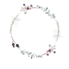 Watercolor hand painted green floral banner with green leaves, herbs, branches, wildflowers and berries.