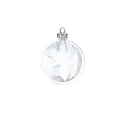 Watercolor Christmas transparent glass ball filled with white feathers. Isolated on white background. New Year's symbol for design, print, card. Hand drawn illustration.