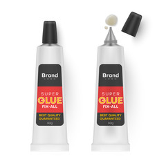 Tubes of glue with open and closed lids realistic mockups ready for your brand design. Adhesive packaging.