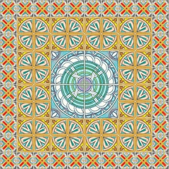 Azulejos em aquarela estilo português. Arte geométrica em tinta e nanquim em papel texturizado com replicação em padrões coloridos. Superfície de lajotas antigas. Ladrilhos detalhados alta resolução