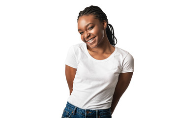 Cheerful Black Girl With Orthodontic Brackets Posing Over White Background
