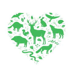 Vector heart shape with animals silhouettes and herbs on white. Flat wild animals silhouettes in green color. Design for t-shirt print, cover, poster, banner, card