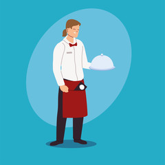 man waitress with uniform holding tray