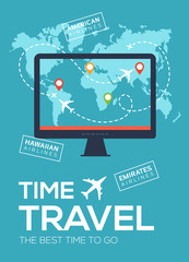 Modern travel flyer, poster, banner. Banner of Travel Company. The best time to travel. Screen of monitor on background of map of world with map markers and airplane flight