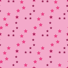 Seamless pattern with bright pink stars on light pink background. Vector image.