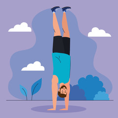 Obraz na płótnie Canvas man standing on the hands outdoor, sport recreation exercise vector illustration design
