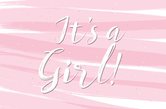 Its a girl vector postcard. Its a girl pink sparkle poster.  newborn girl child poster congratulations. 