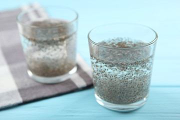 A glass of water with chia seeds. superfood, nutritional supplements, weight loss
