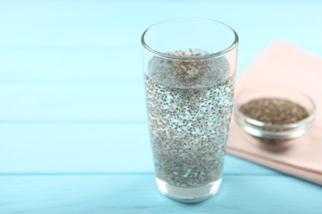A glass of water with chia seeds. superfood, nutritional supplements, weight loss
