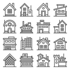 Home and House Buildings Icons Set. Line Style Vector