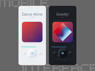 Music Player neumorphic design kit with neumorphism style. App UI, UX templates. GUI for mobile application. vector illustrations for mobile phone interface.  Pixel Perfect,  375x812 pixel.