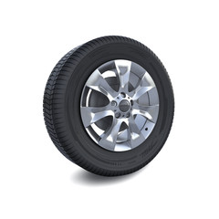 Car wheel disc and tyre isolated on white. Digital illustration. 3D illustration.