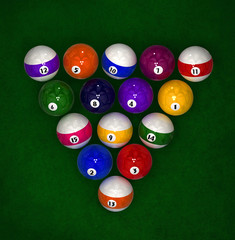 Billiard balls. Set on green. The view from the top. 3 d illustration.