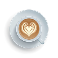 Ralistic offee cup with heart shape made of froth. Top view of hot cappuccino, latte beverage with foam. White ceramic cup and saucer minimalist design realistic vector illustration isolated on white