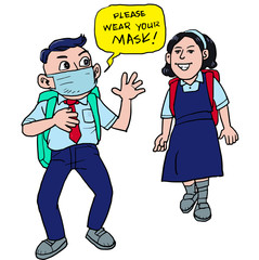 School boy asking the girl to wearing a mask for protect her from corona virus.