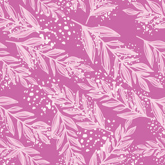 Bright botanic branch silhouettes seamless pattern. Leaves ornament on background with splashes. Lilac palette artwork.